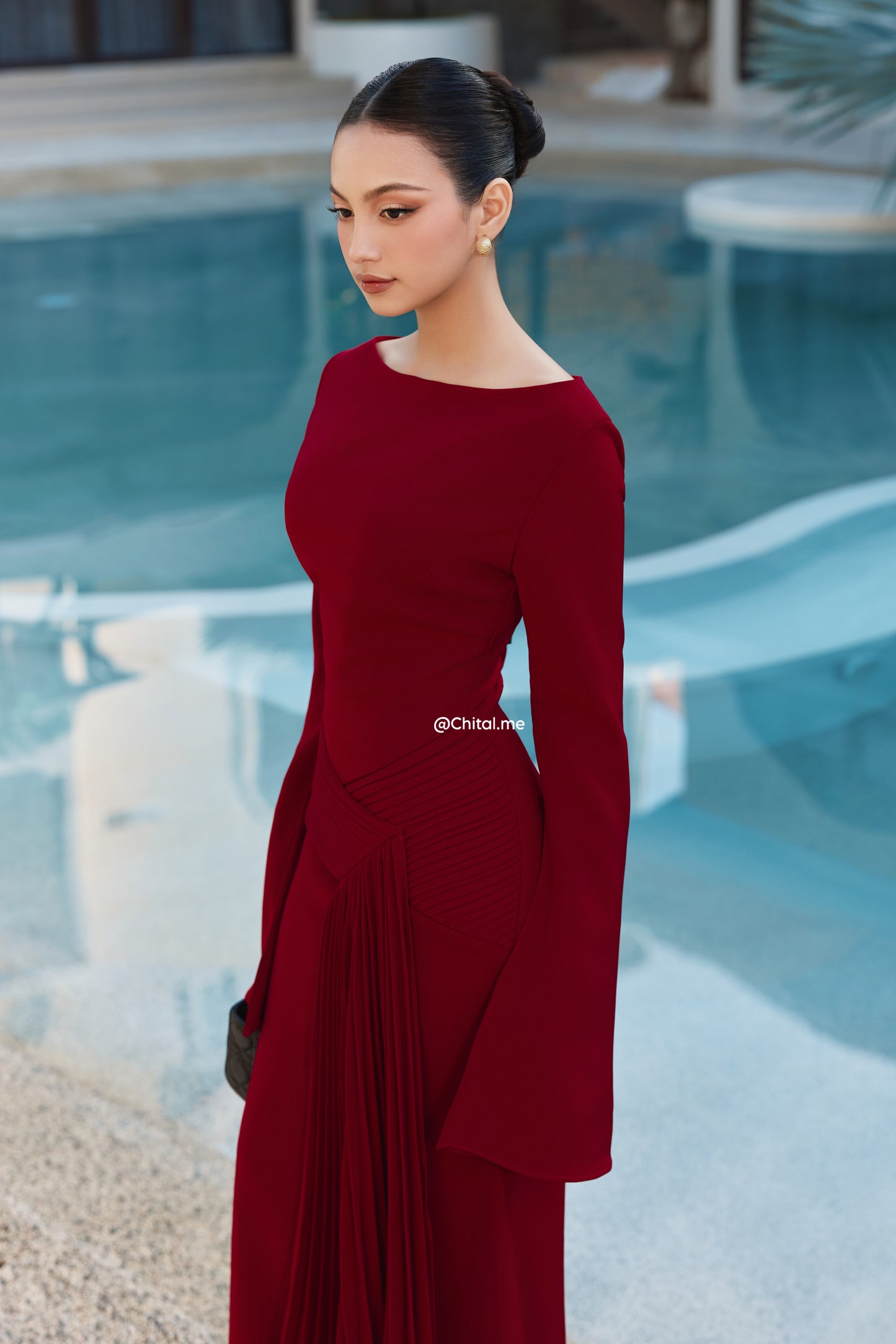 Burgundy pleated dress