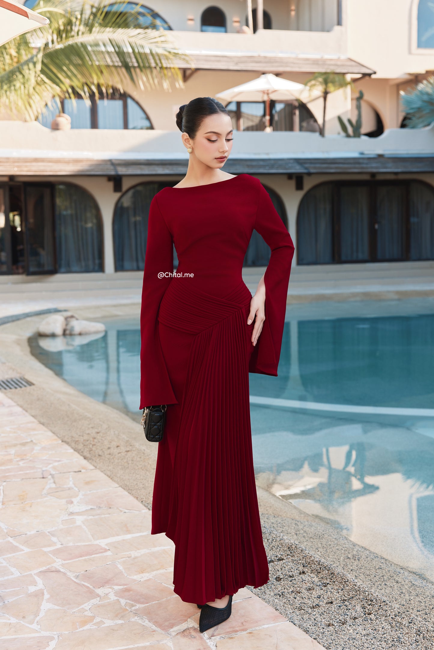 Burgundy pleated dress