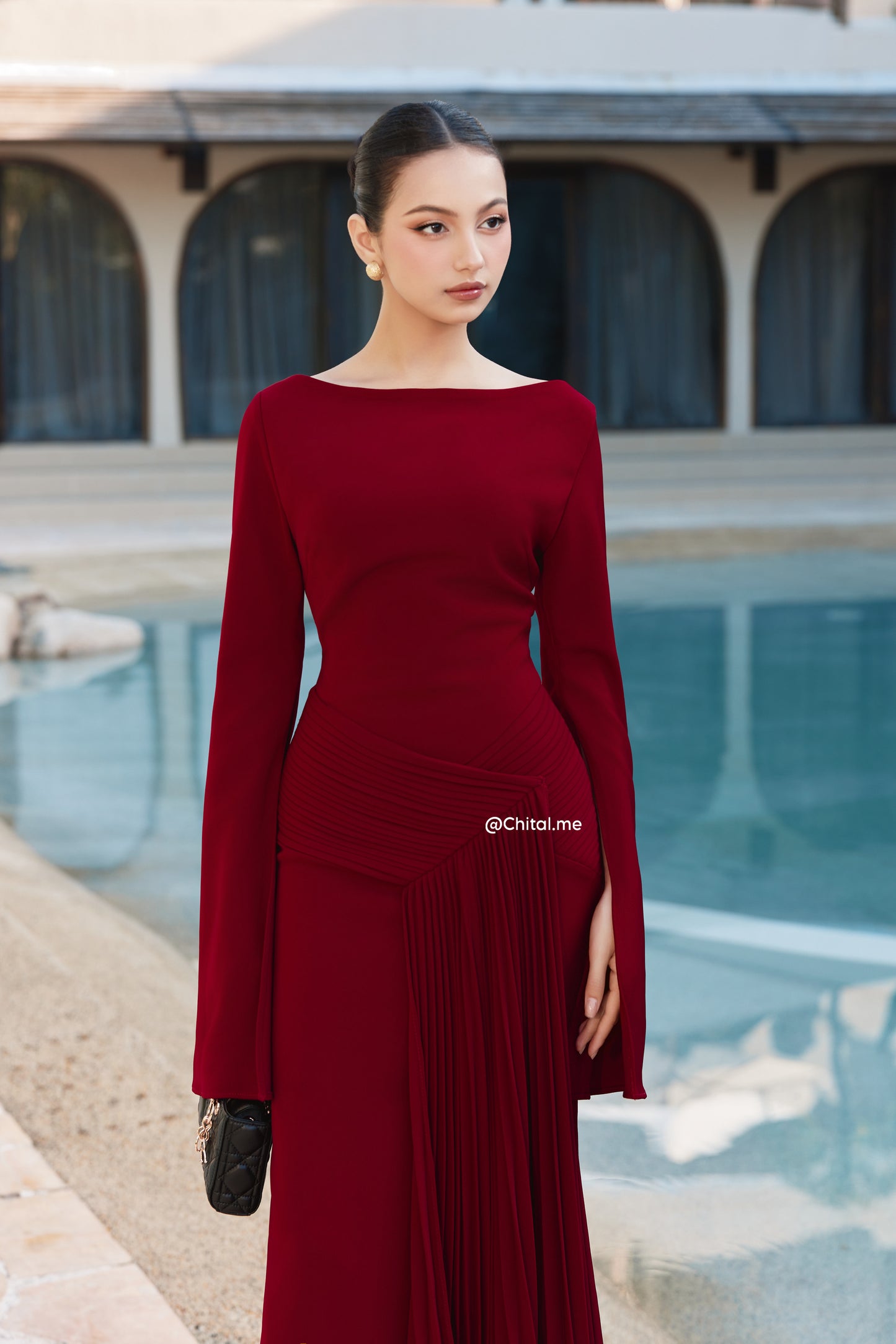 Burgundy pleated dress