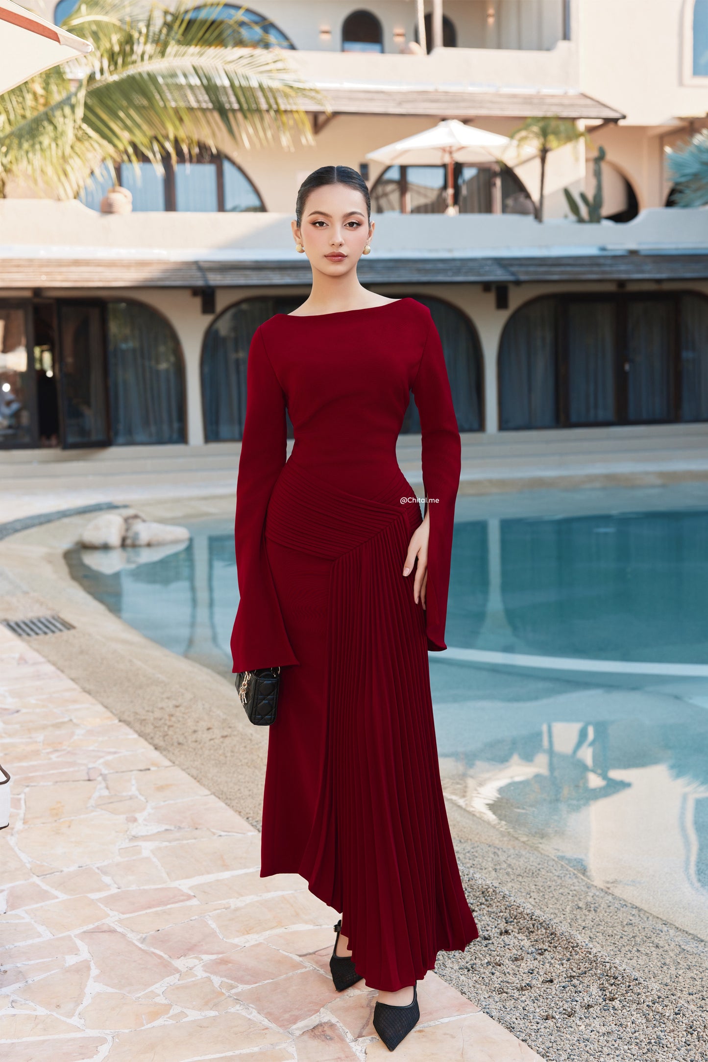 Burgundy pleated dress
