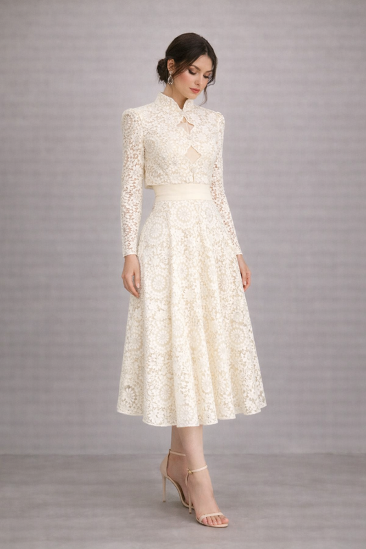 Mandarin-Neck Lace Jacket & Dress Set